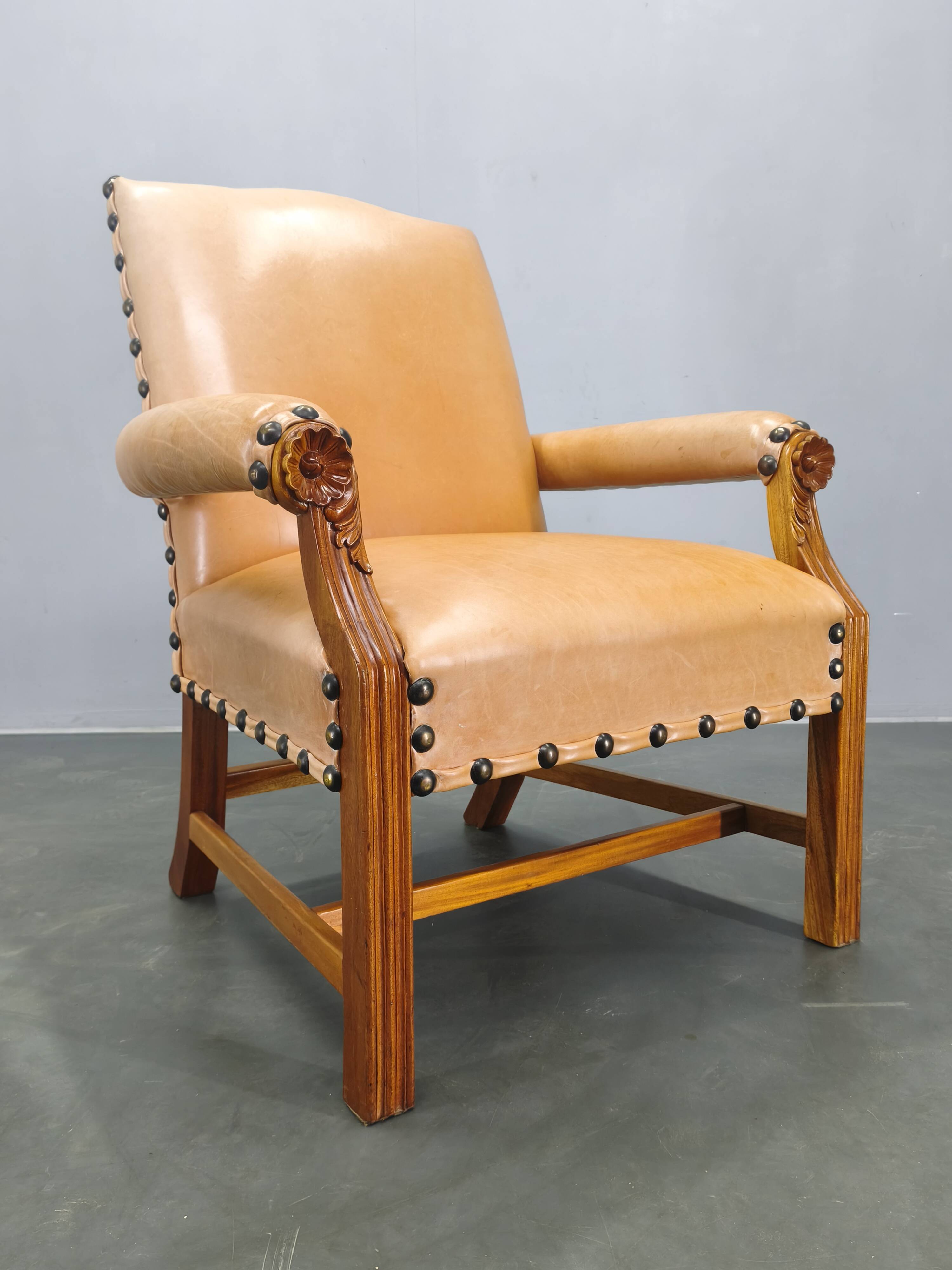 Antique Danish Leather Armchair Carved Wood Club Chair, Early 1900s