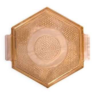 Art Deco hexagonal plate in pressed rose-orange glass, 27cm