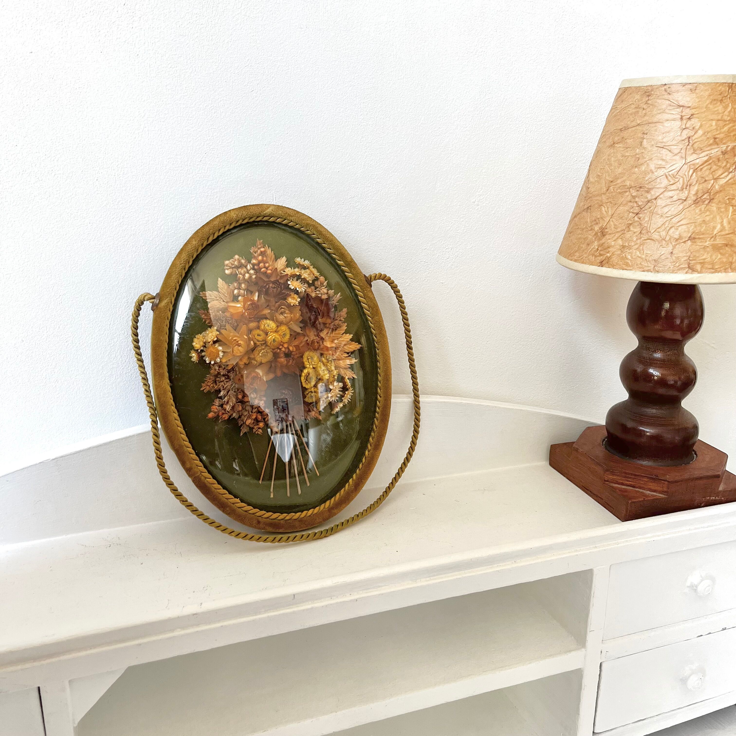 Dried flower frame domed glass and velvet