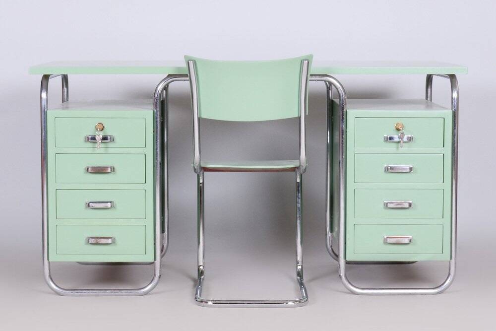 Bauhaus Writing Desk and Chair in Chrome-Plated Steel from Thonet, Czechia, 1930s, Set of 2