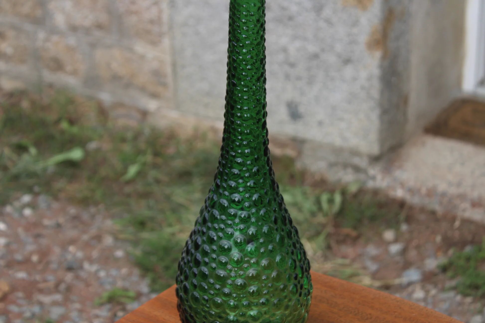 Large decorative vintage green glass carafe/bottle with relief – H57 cm