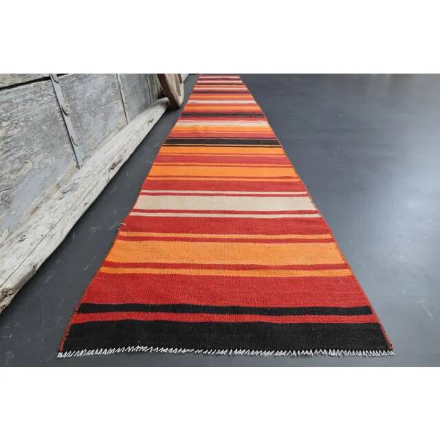 1970s Vintage Turkish Oushak Handmade Wool Cotton Orange Runner Rug 57x445