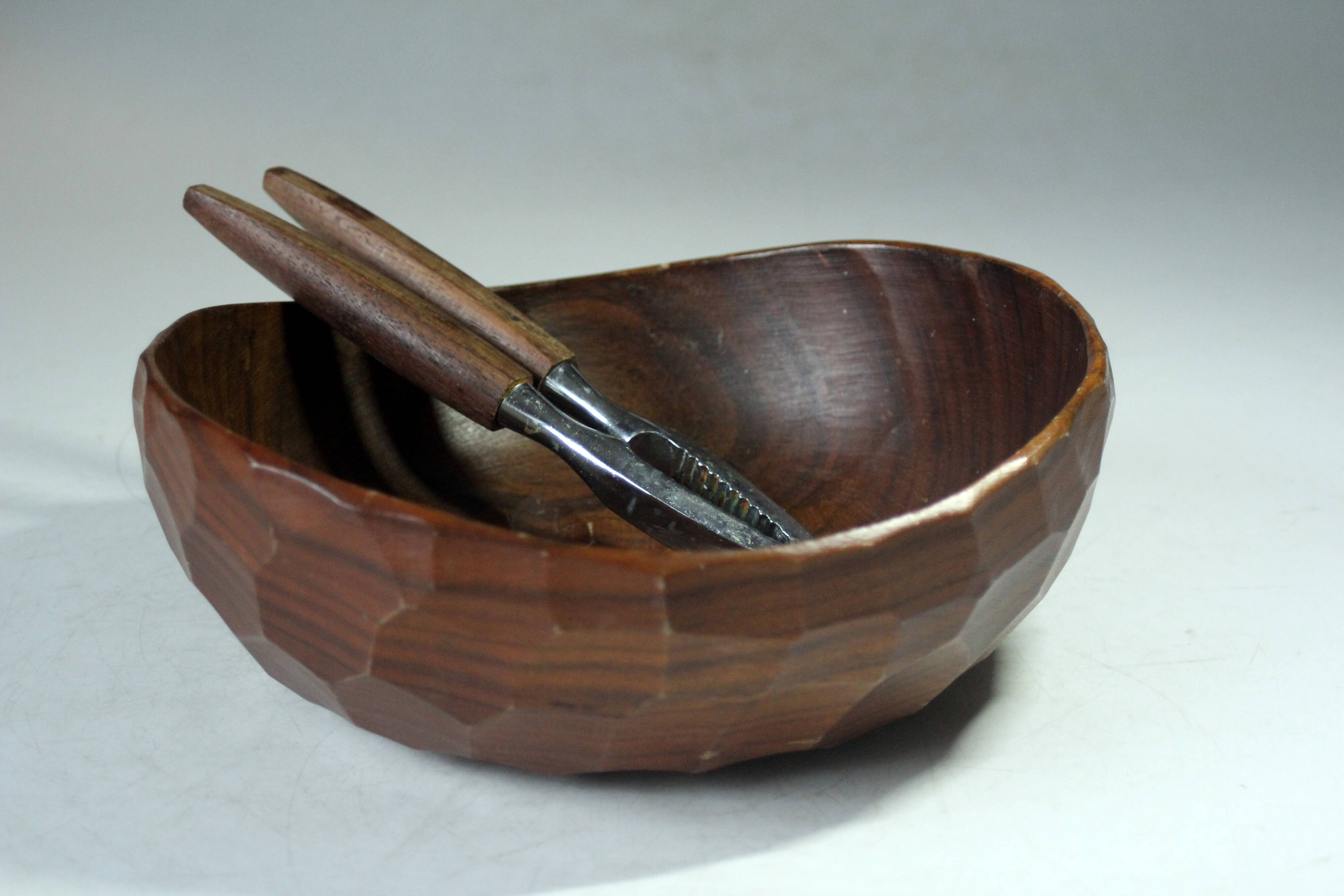 Handmade teak serving bowl with a nutcracker as a set, vintage from the 1960s