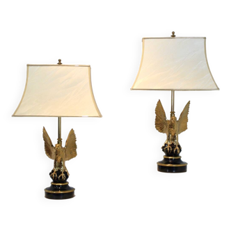 Pair of large Belgian brass carved eagle table lamps
