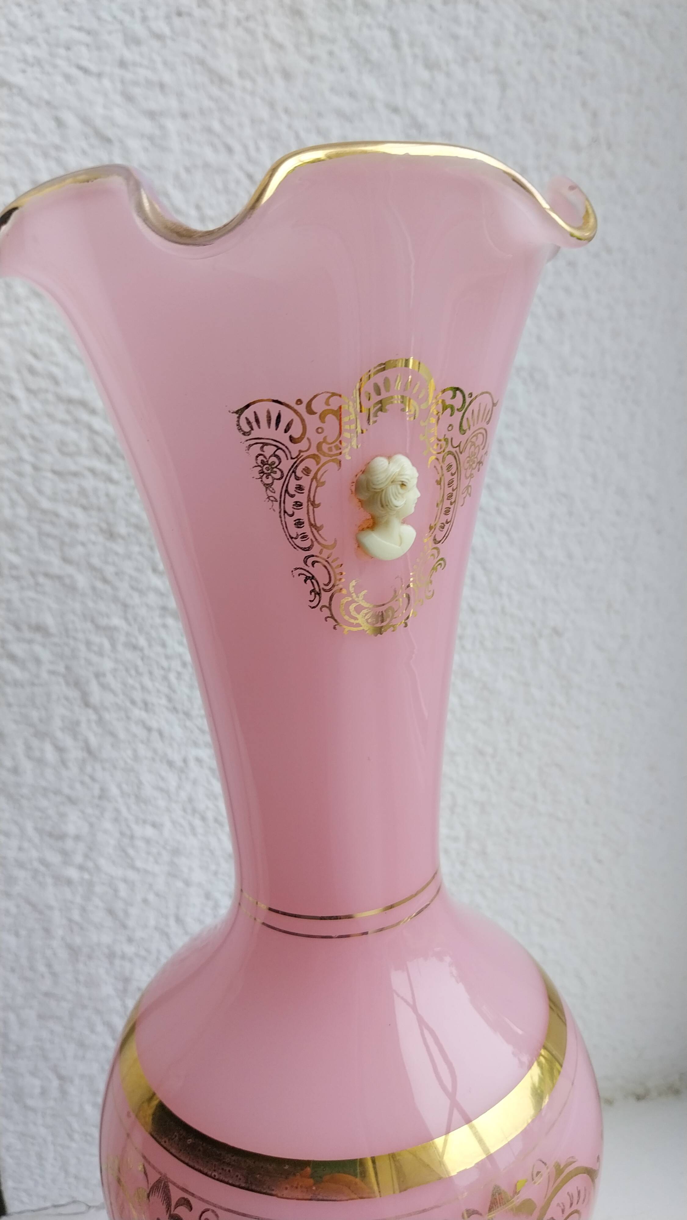 Opaline pink vase with cameo and gilding, 35cm