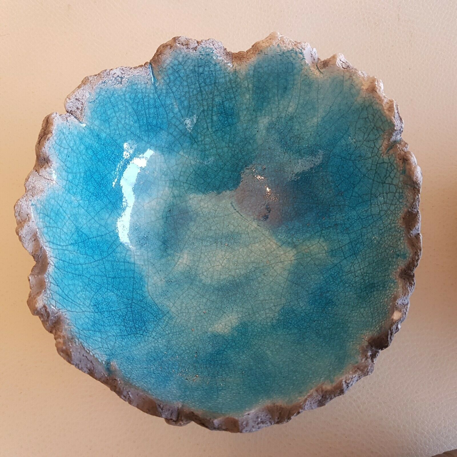 3 empty bowls handmade ceramic pockets signed turquoise color irregular edges