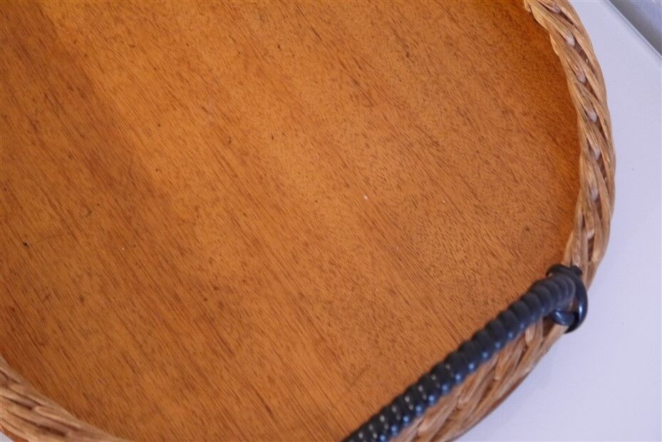 Vintage Scandinavian teak and rattan tray 1960