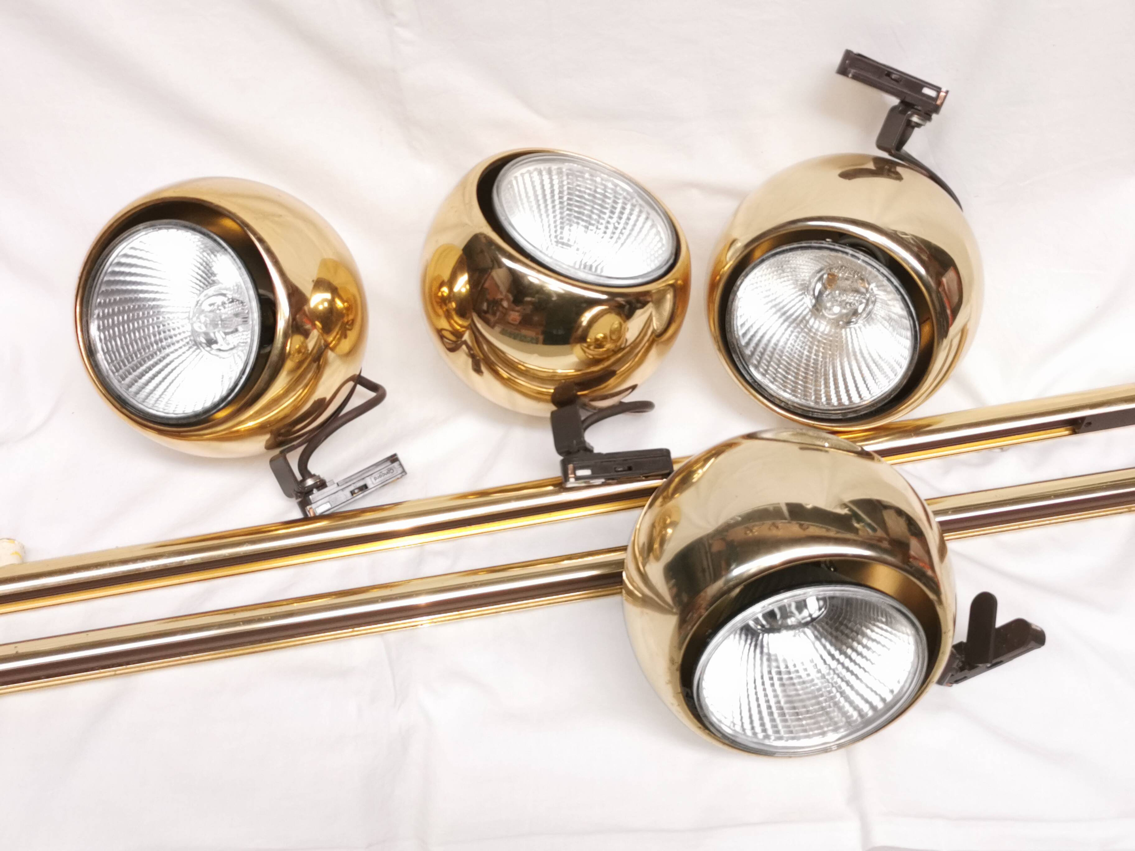 4 large golden ball spots, space age 60 70's. concord wall light on rails