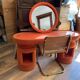 Vintage brown fabric dressing table with mirror and Bauhaus brass chairs — set of 3