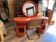 Vintage brown fabric dressing table with mirror and Bauhaus brass chairs — set of 3