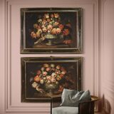 Paintings from the Lombard school of the 17th century, pair of still life with vase of flowers
