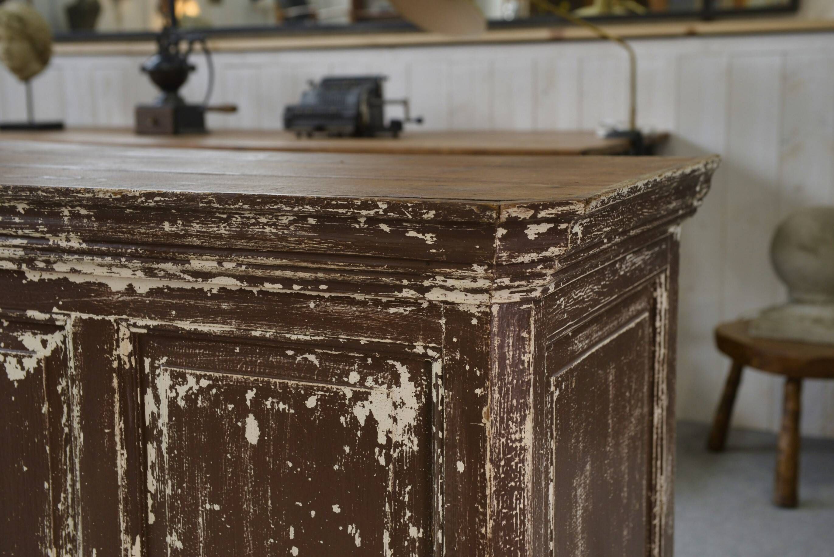 Vintage solid oak counter, patinated, 1950s.