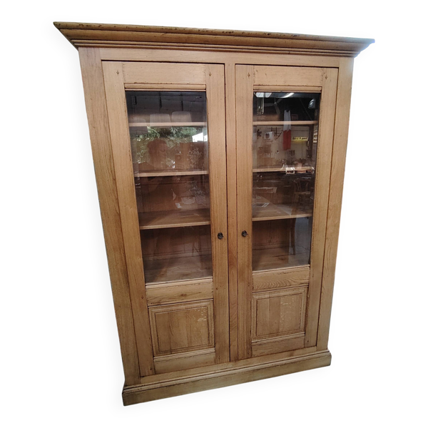 Grande vitrine ancienne en bois massif blond façon meuble d'apothicaire