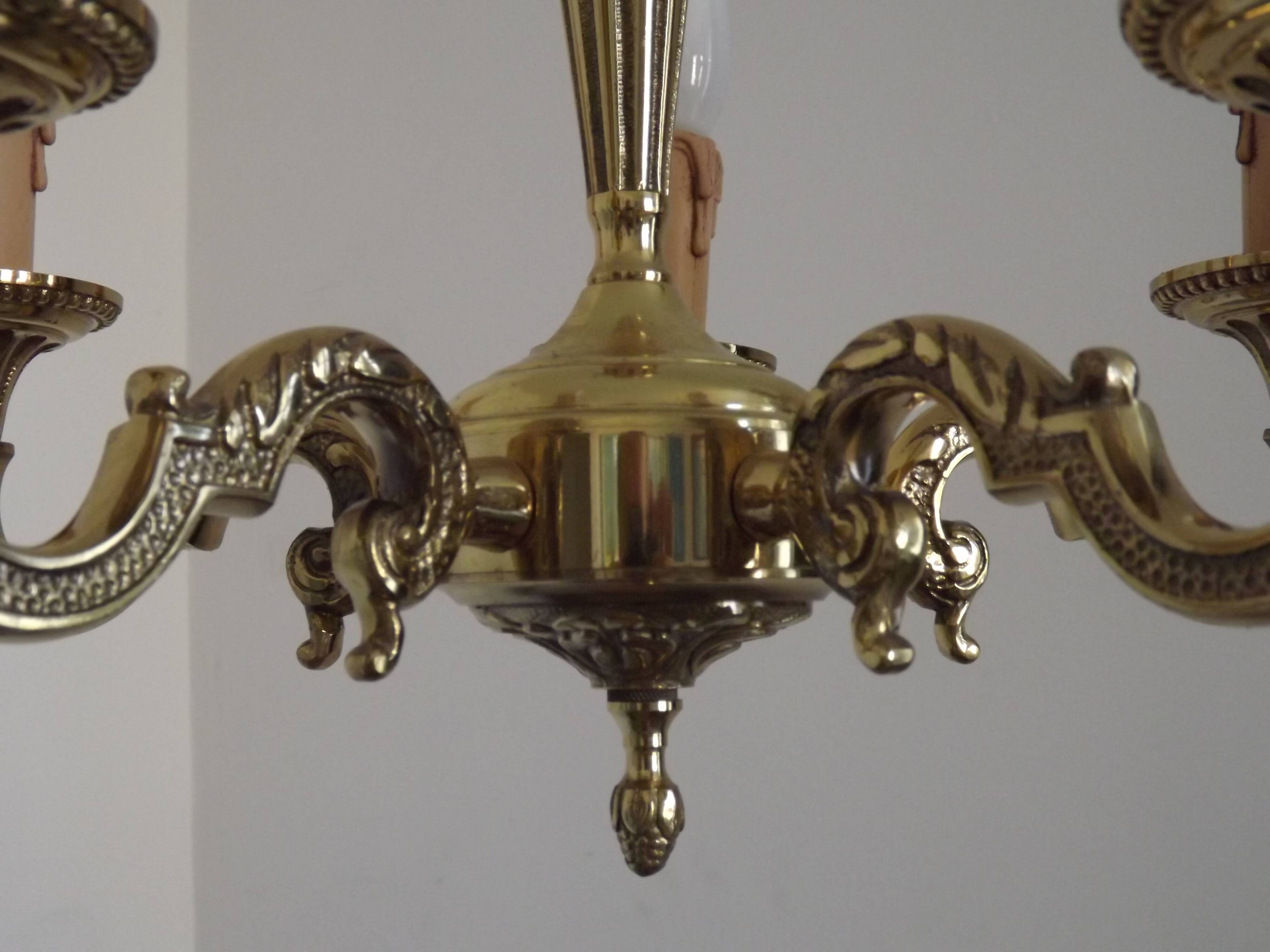 French Vintage 5 Light Quality Brass Chandelier with Scroll Acanthus Arms 5452