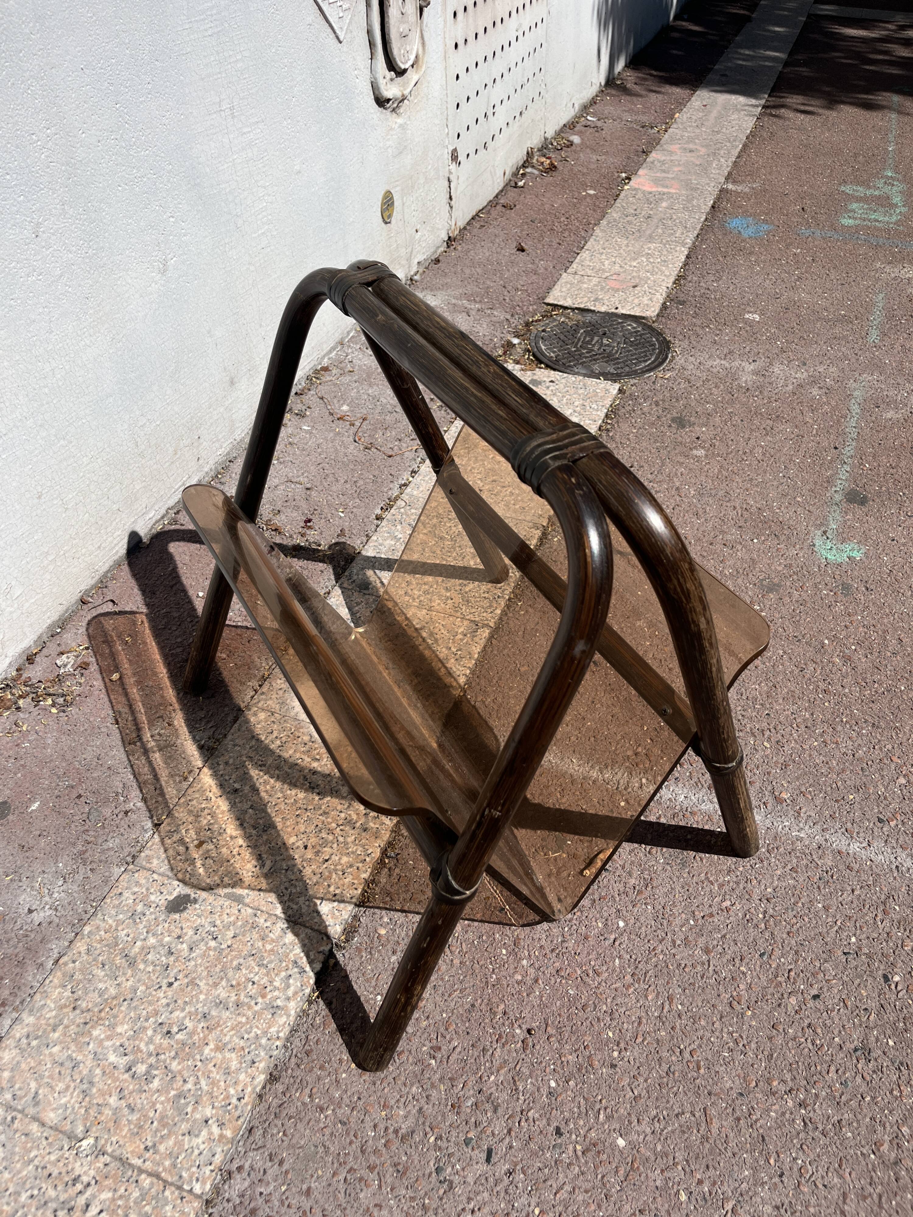 Rattan and Plexiglass magazine rack by Marc Held
