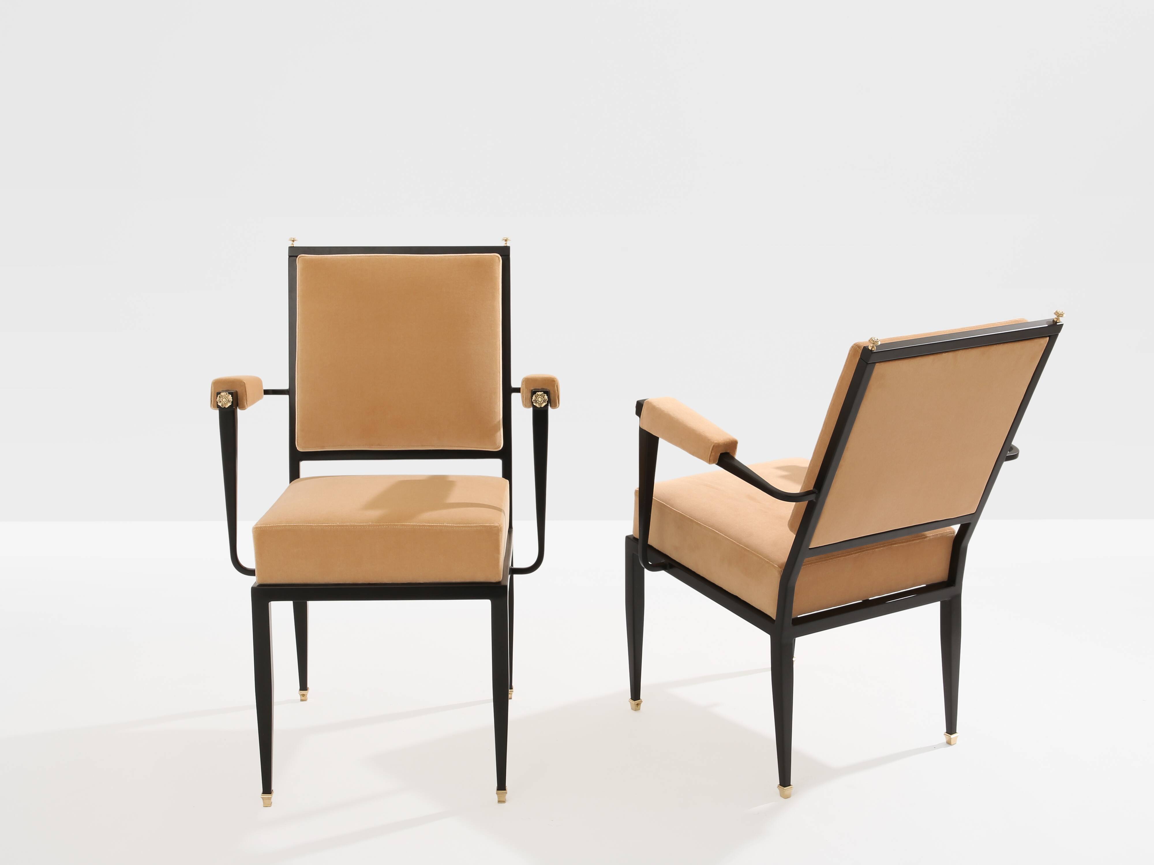 André Arbus attributed neoclassical armchairs metal bronze velvet 1940