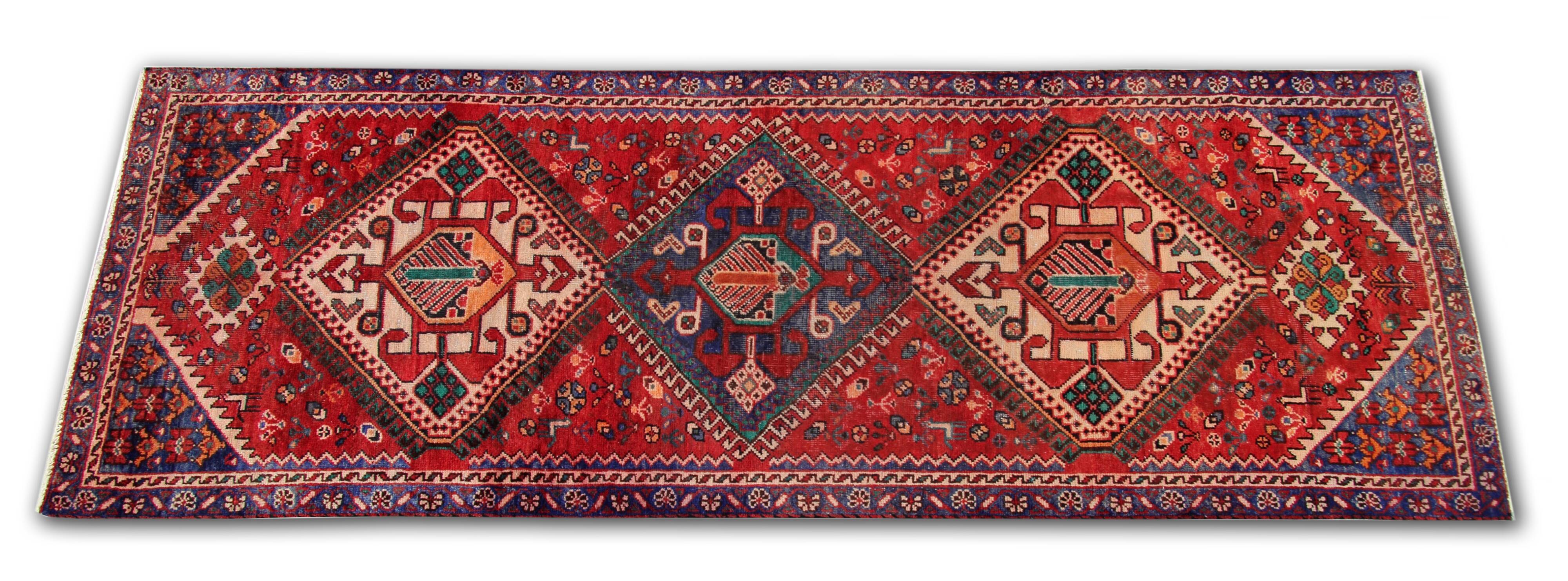 Handwoven geometric vintage runner rug long persian carpet -105x300cm