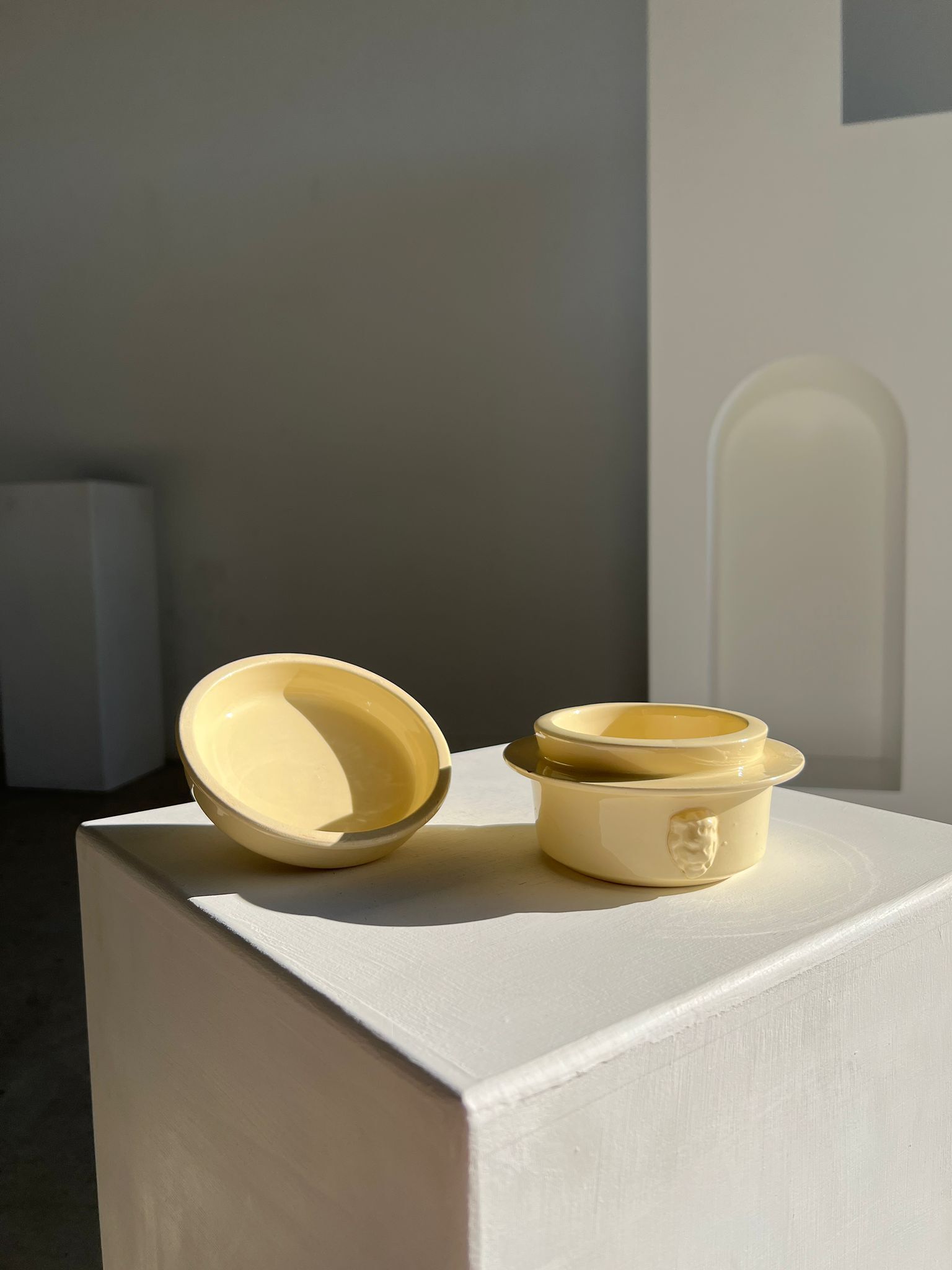 Glazed light yellow ceramic terrine