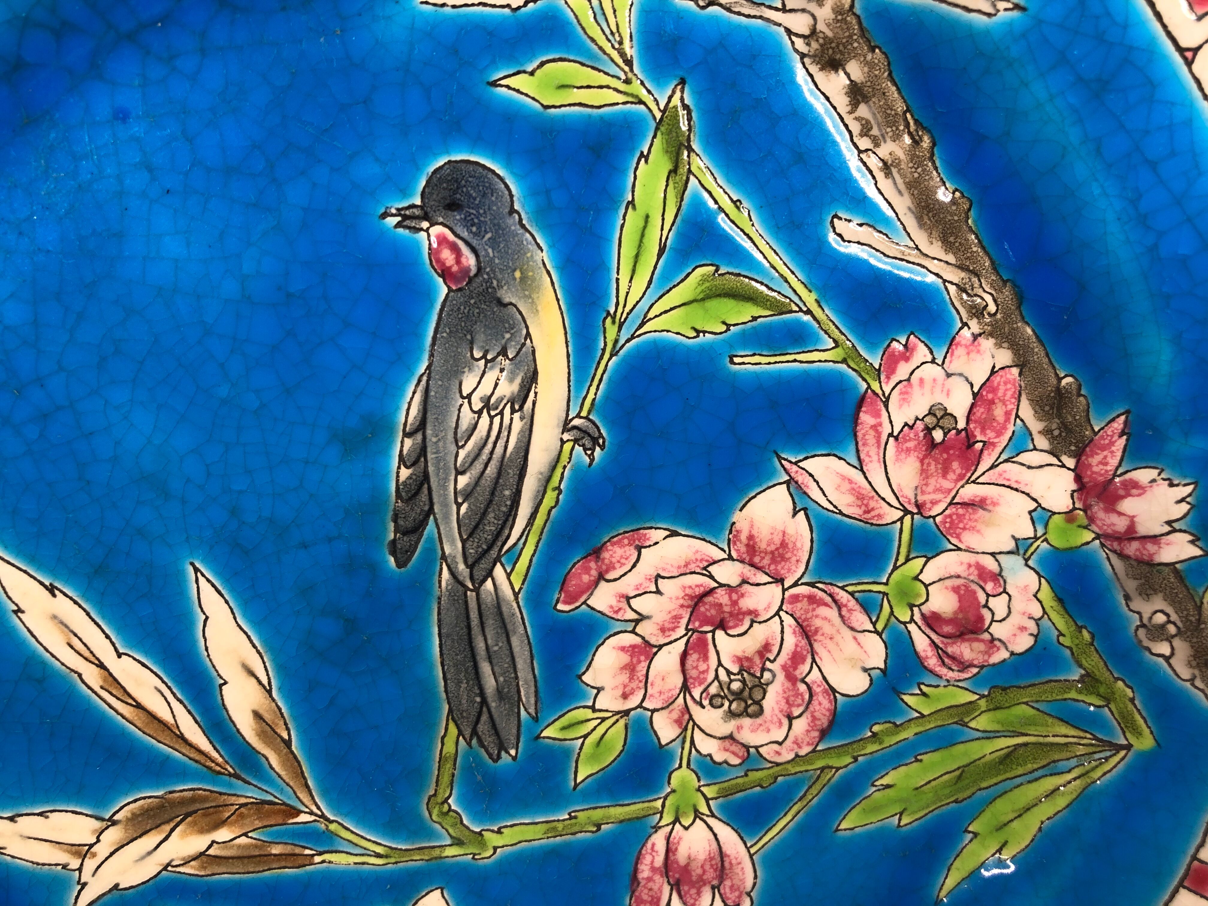 Longwy enamel blue plate bird and peony pattern