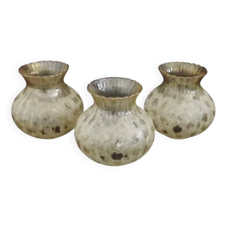 Lot de 3 abat-jour en verre vintage texturé clair et ambre à volants