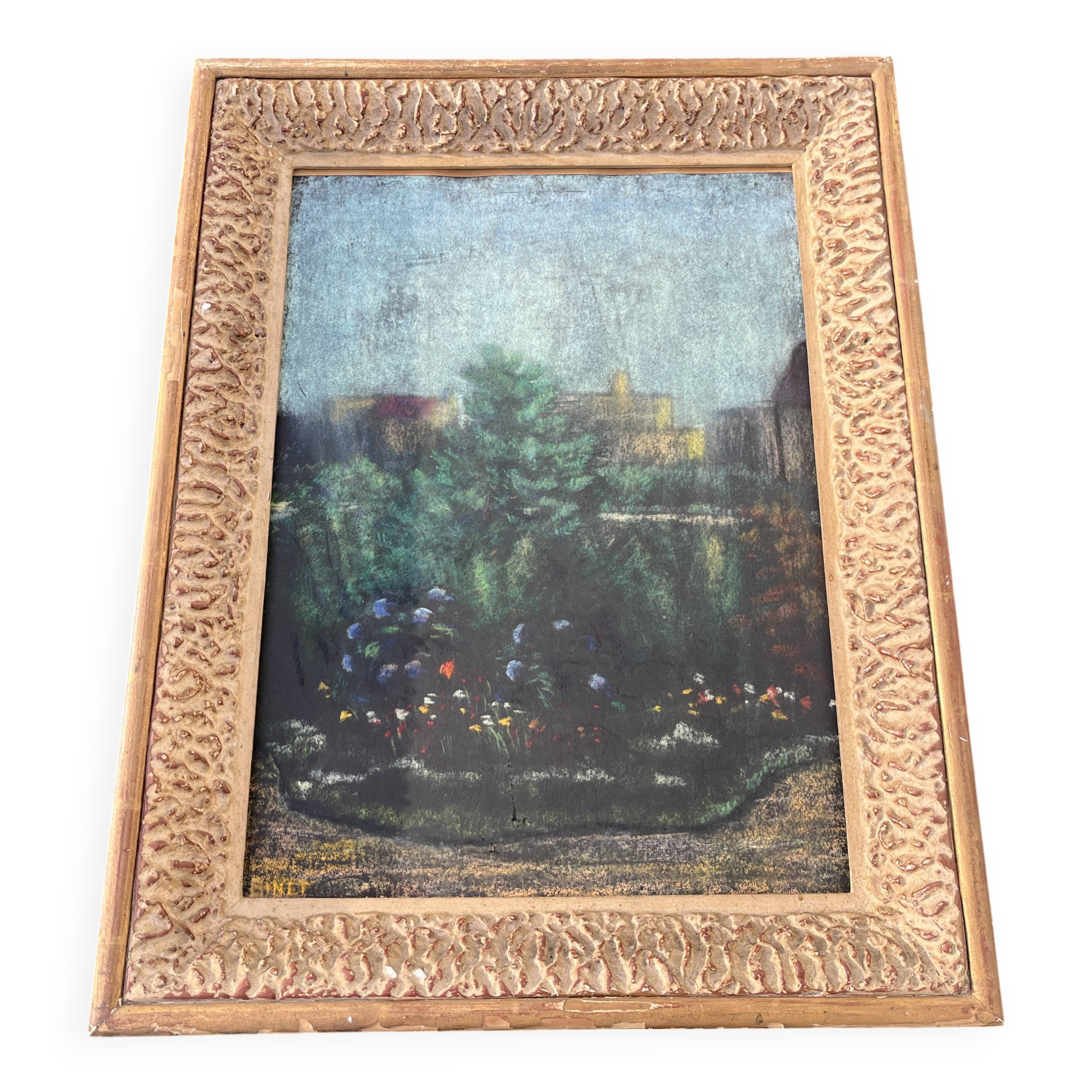 Old large pastel tableau - Scene of a wooded and flowered garden