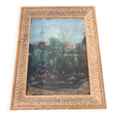 Old large pastel tableau - Scene of a wooded and flowered garden
