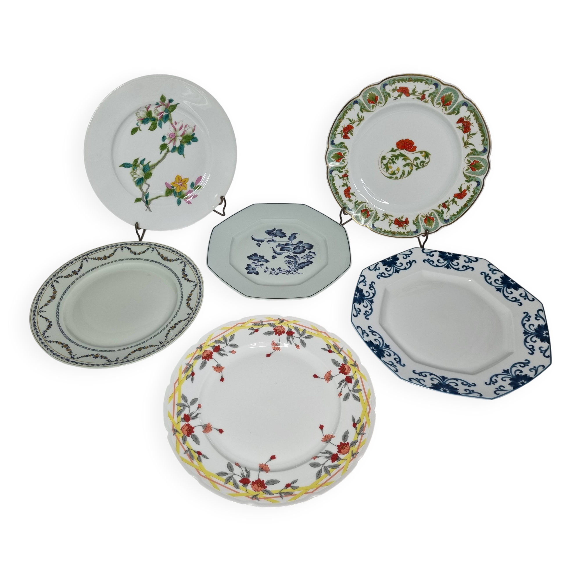 Set of 6 decorative French porcelain plates, floral and traditional designs, 25 cm
