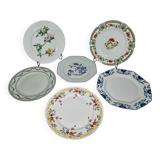 Set of 6 decorative French porcelain plates, floral and traditional designs, 25 cm