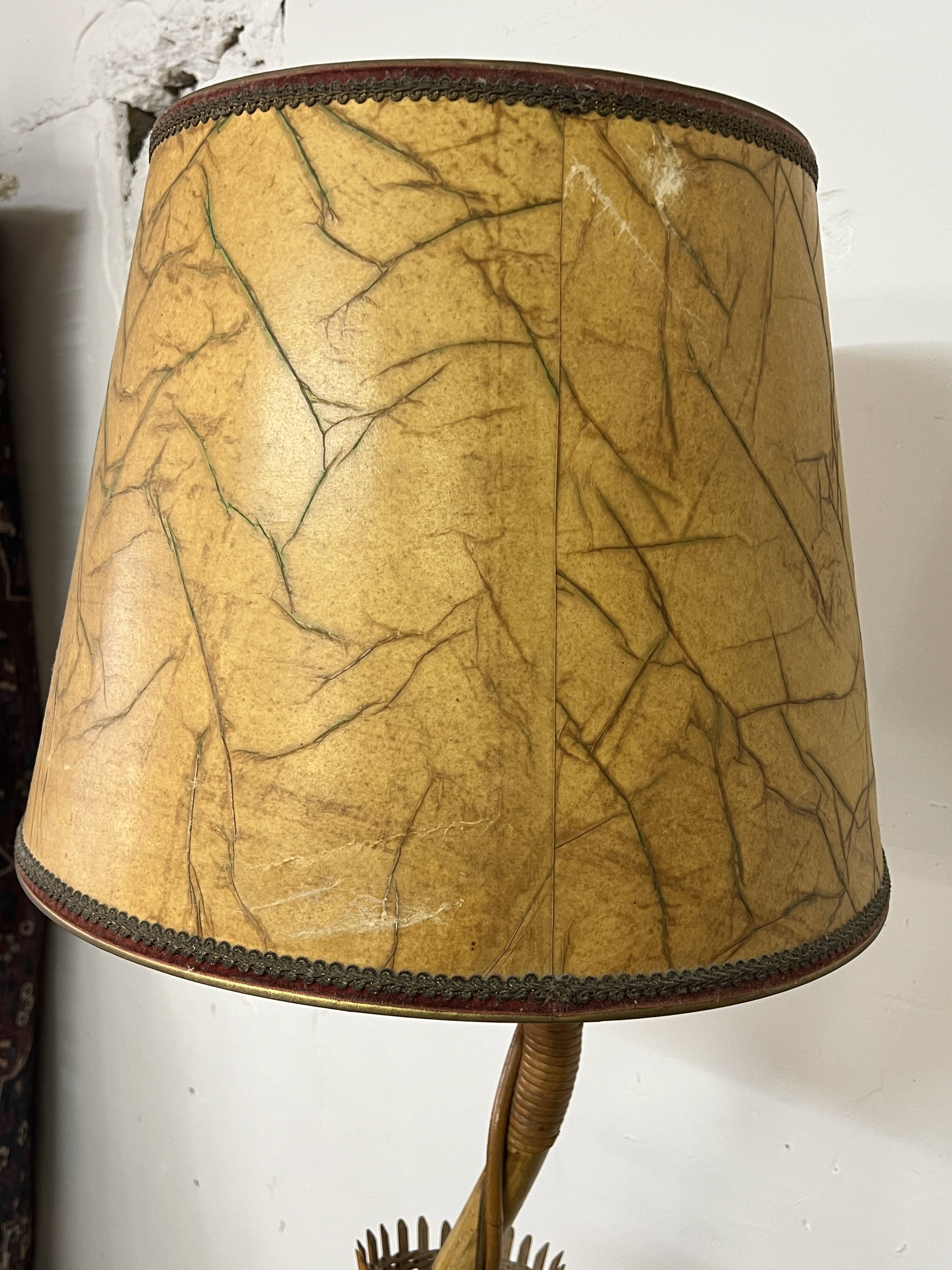 Rattan and bamboo plant holder floor lamp from the 70s