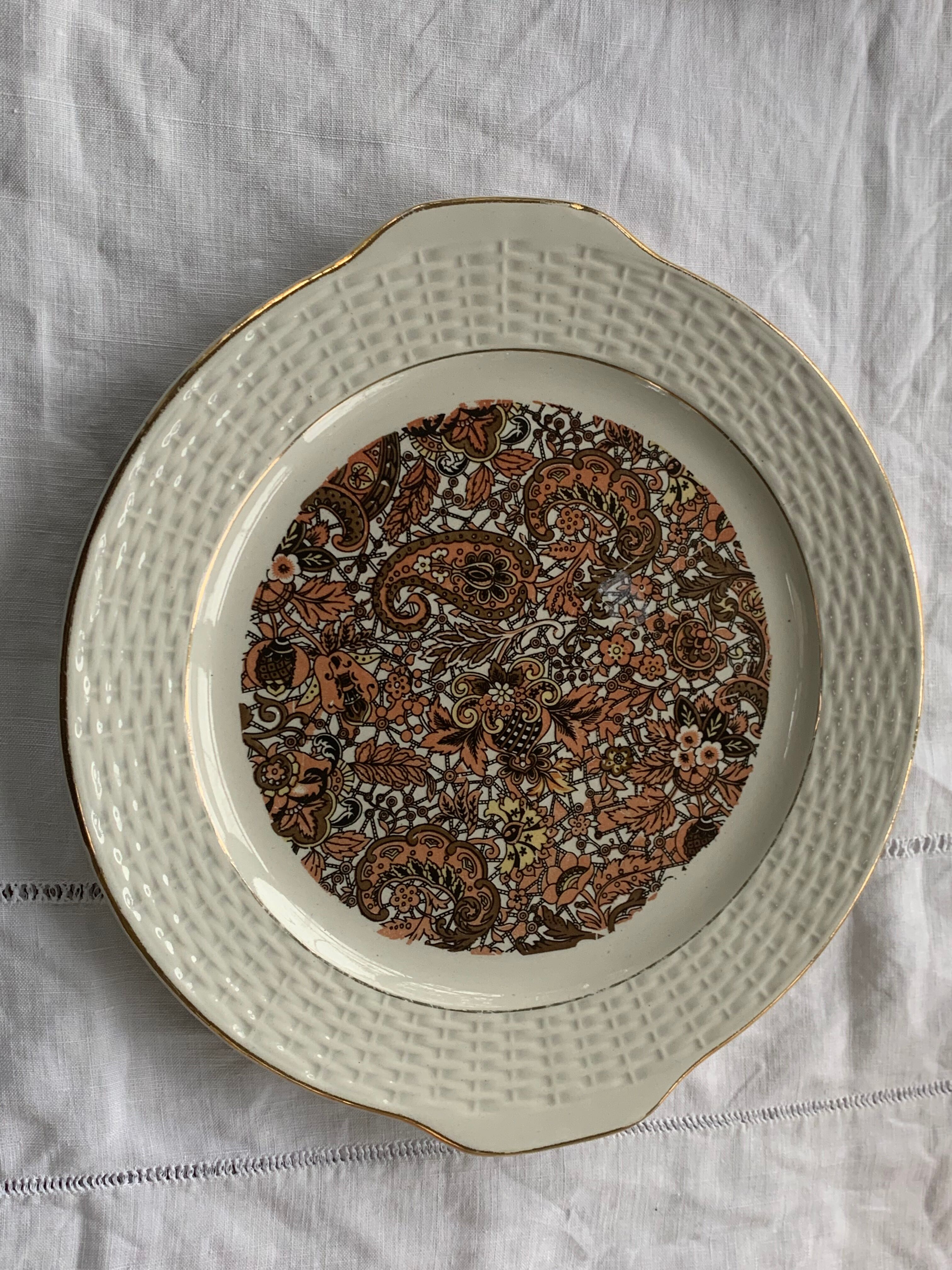 Plat à gâteaux en faïence motif cachemire vintage