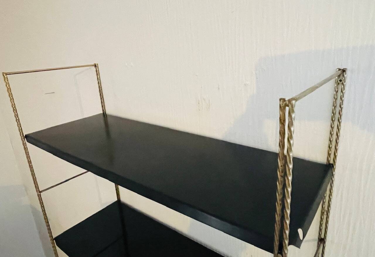 Adjustable vintage wall shelf in black metal and brass