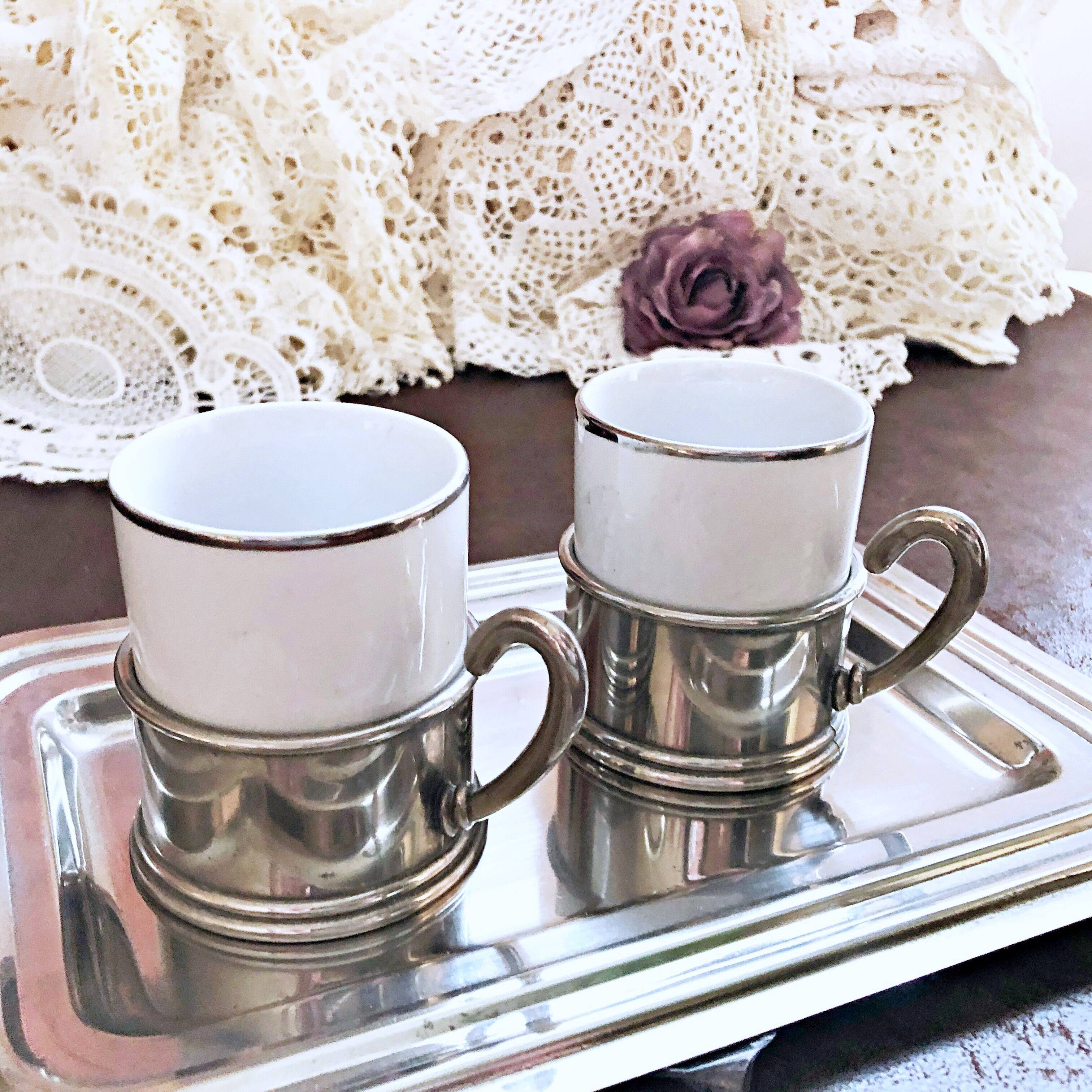 Duo Italian Porcelain Cups with Vintage Monopoly Pewter Holder