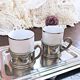 Duo Italian Porcelain Cups with Vintage Monopoly Pewter Holder