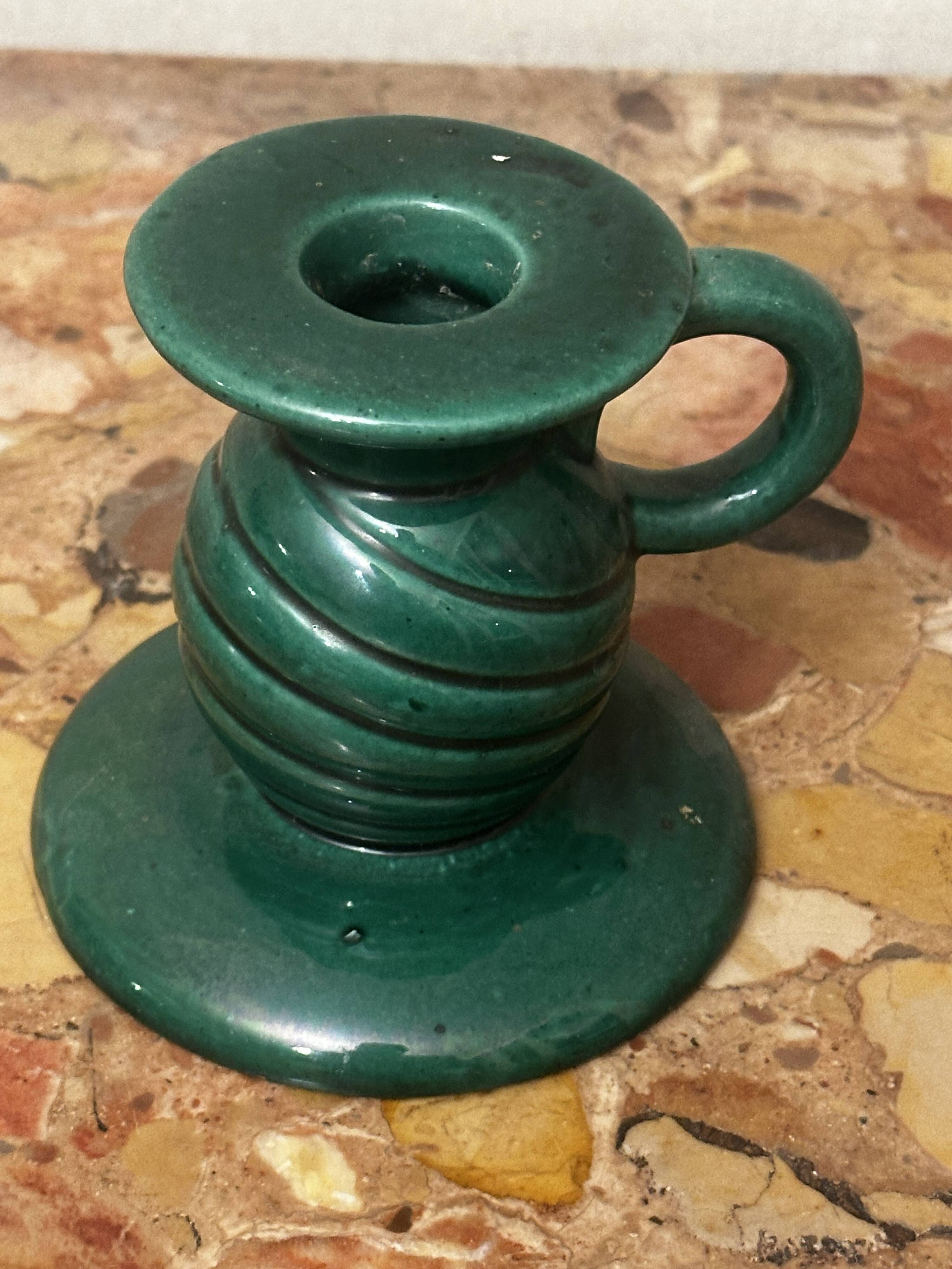 Saint-Clément green ceramic candlestick, 1950s