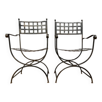 Pair of curule armchairs in Neo-classic iron style circa 1930