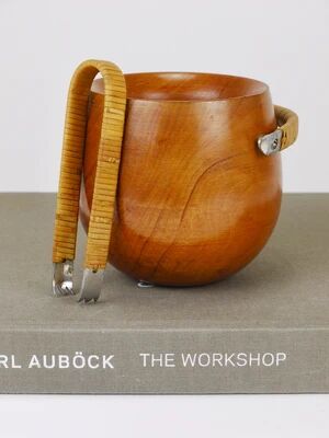 Carl Aubock sugar bowl & tongs, walnut, nickel, cane, no. 3536, 1940s