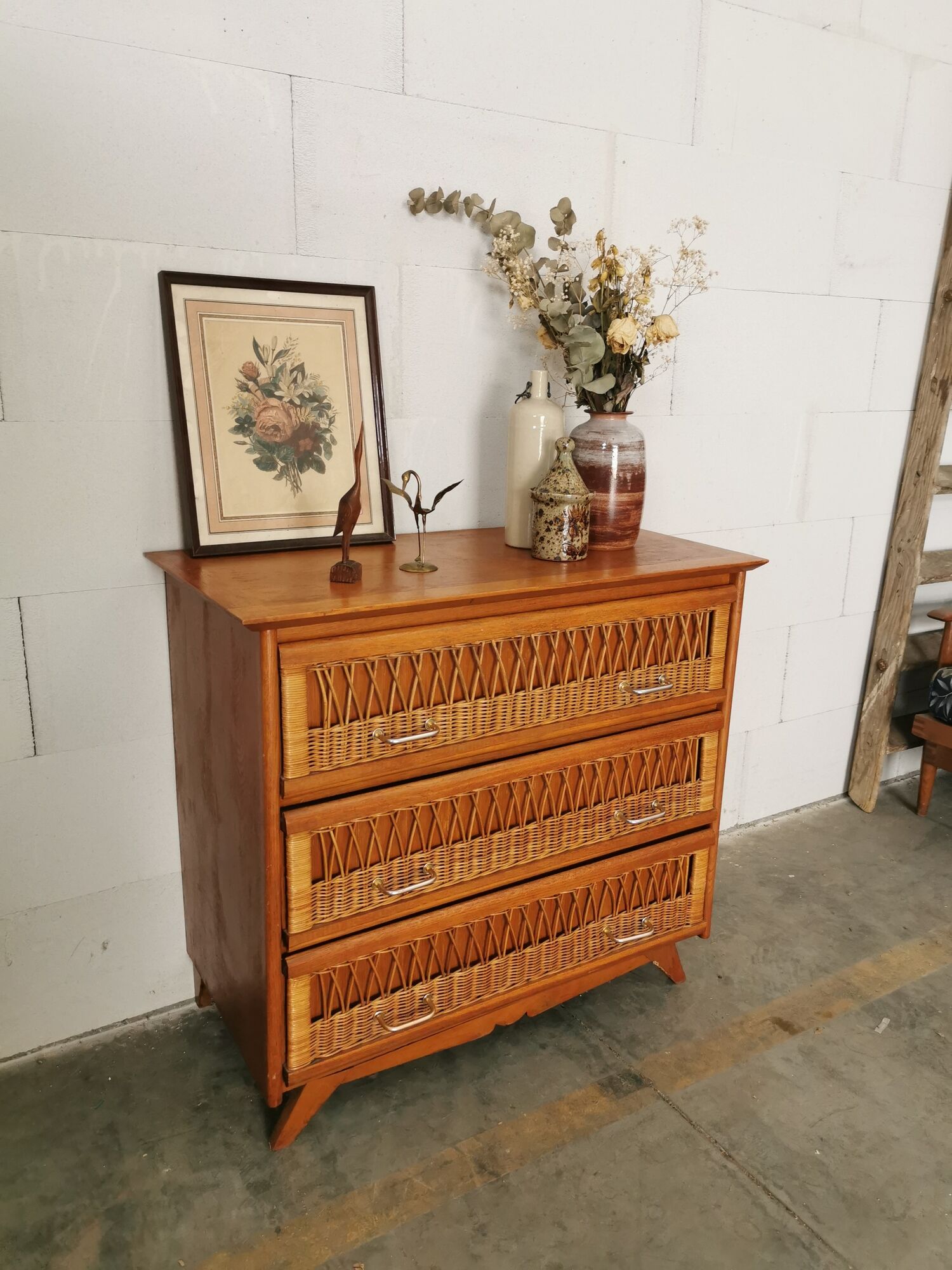 Vintage wood and rattan chest of drawers