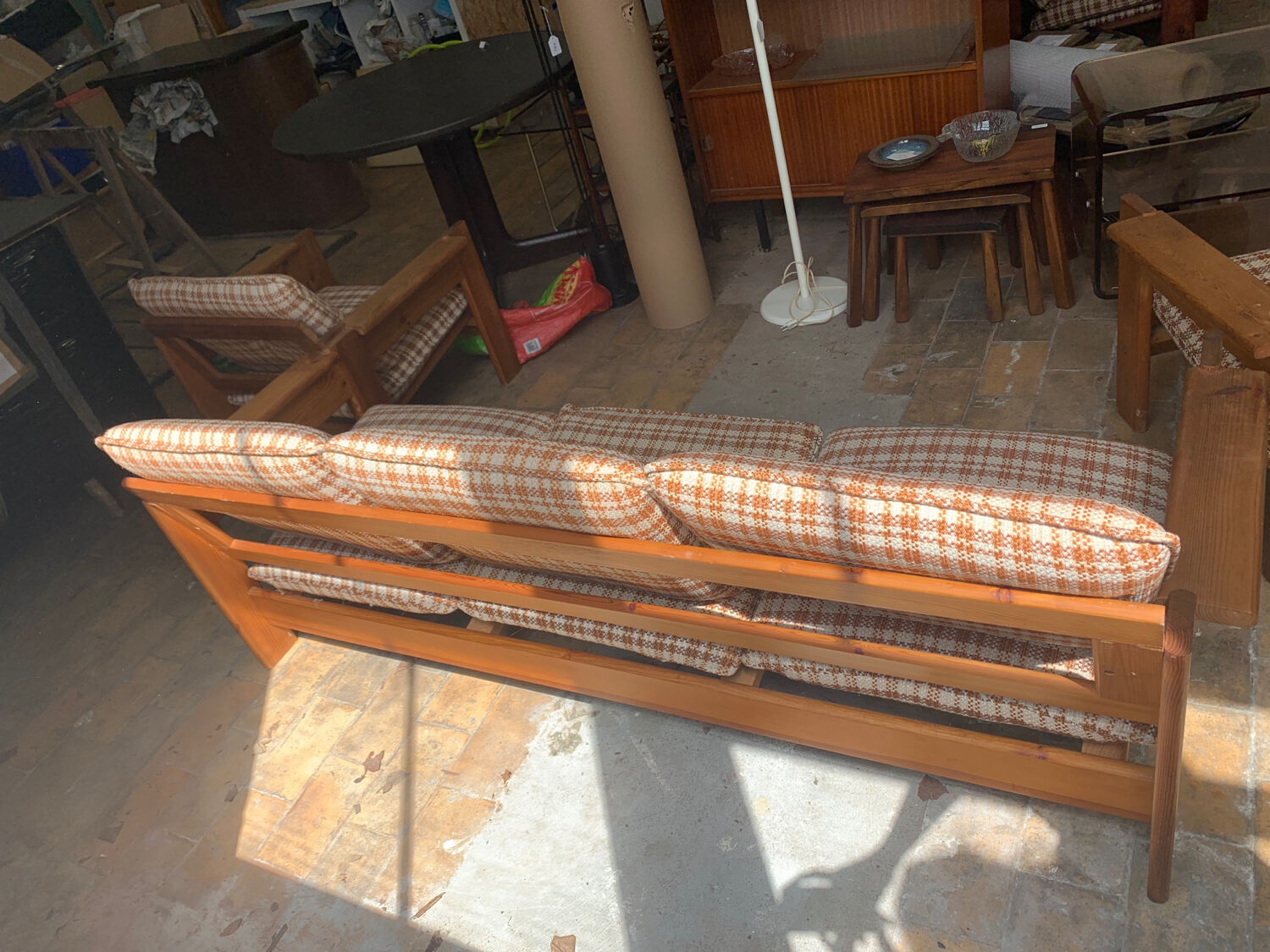 Brutalist pine sofa and armchair, france, 1960