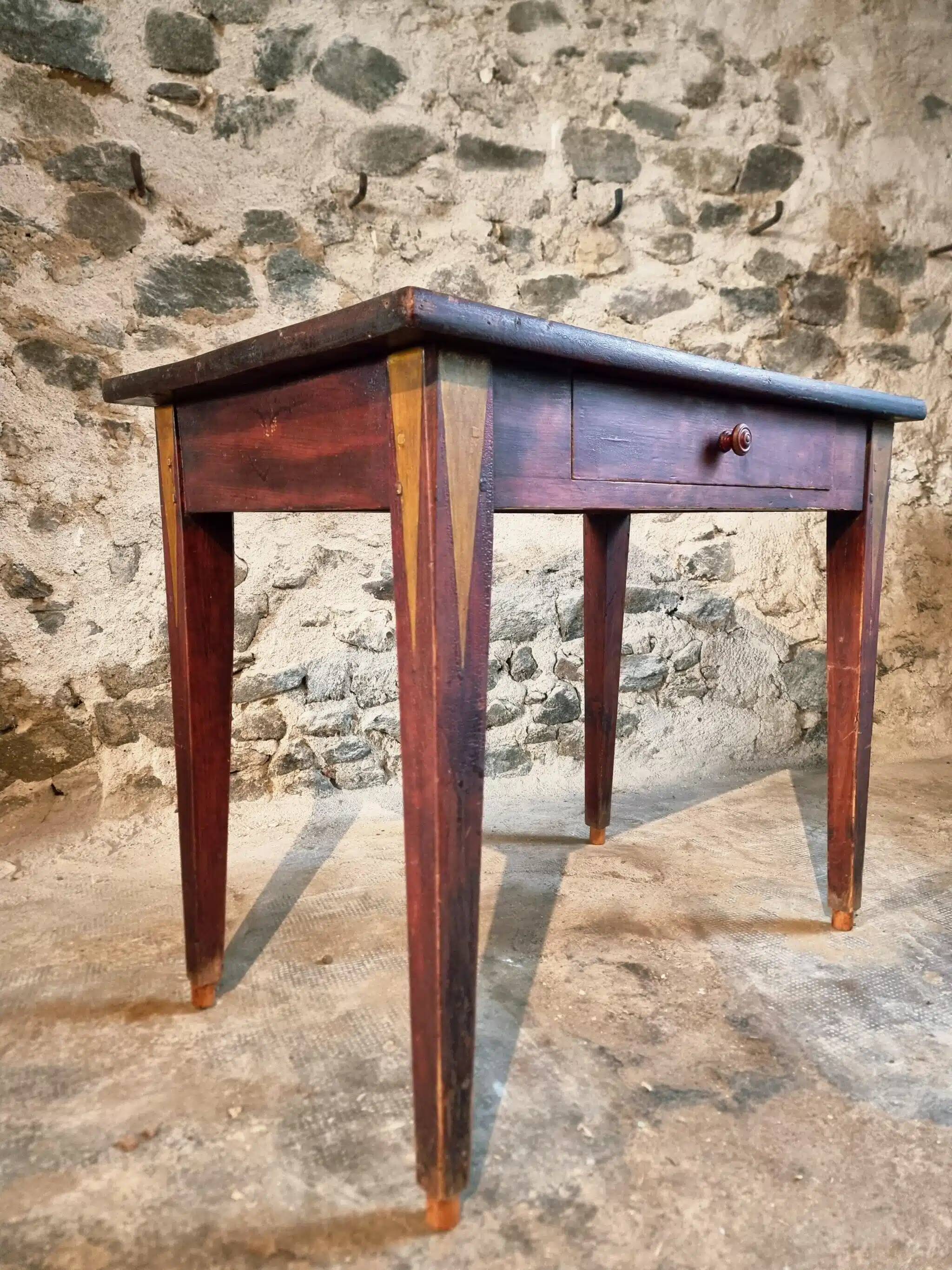 Antique French pine writing table, hand-painted folk art with drawer, signed 1916