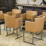 Set of 6 designer armchairs in oak and leather from the 1980s.