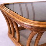Rattan and smoked glass coffee table, vintage 1970s design.