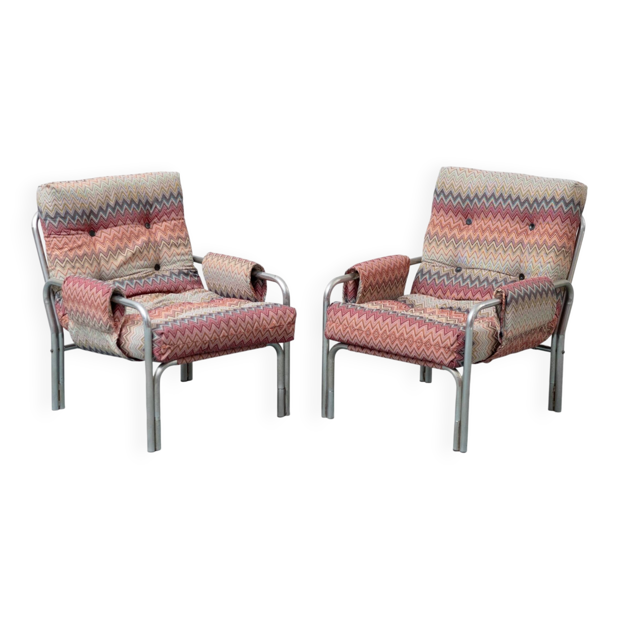 Pair of vintage metal armchairs with multicolour fabric – 1970s