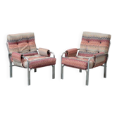 Pair of vintage metal armchairs with multicolour fabric – 1970s