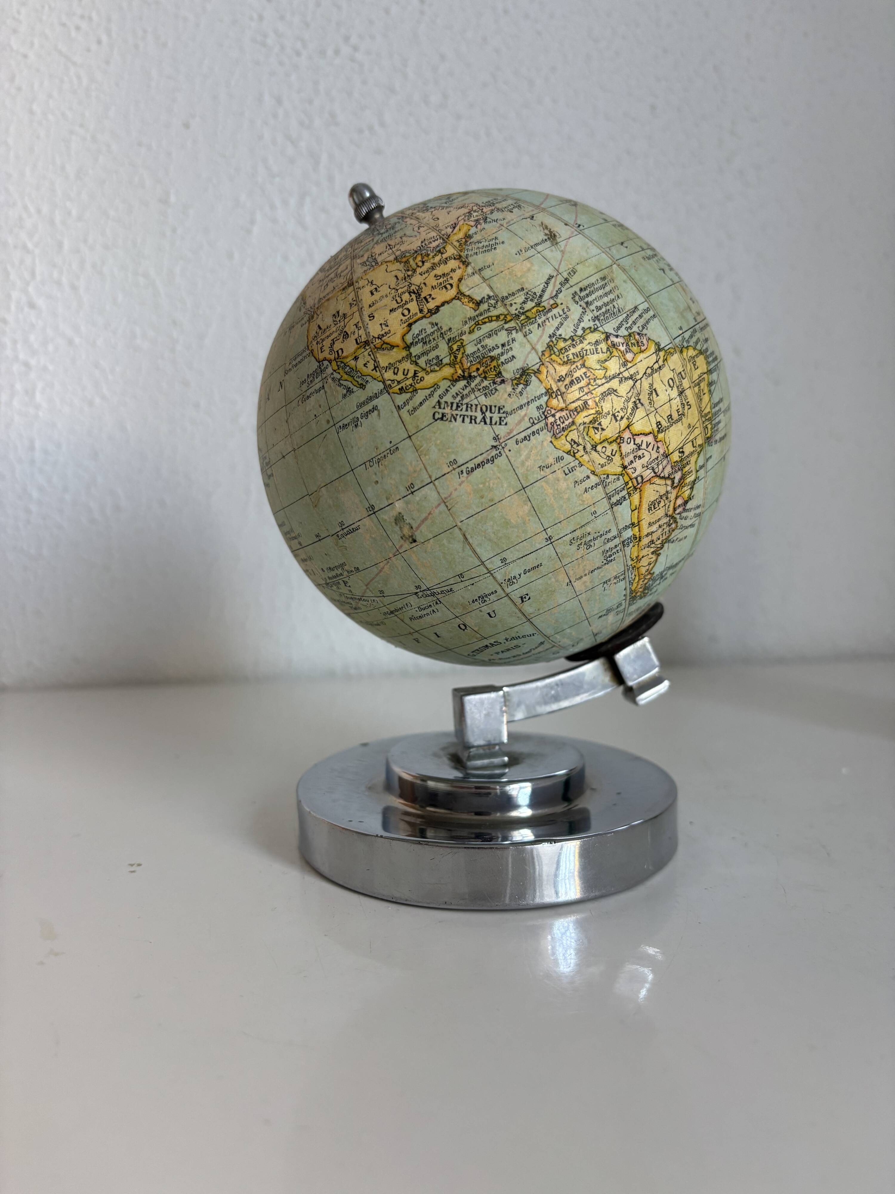 Antique French terrestrial globe – Chrome Art Deco base – Circa 1930 – Cart