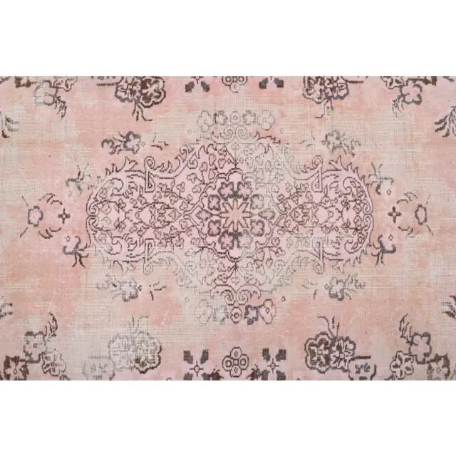 Tapis turc vintage en laine et coton rose noué à la main