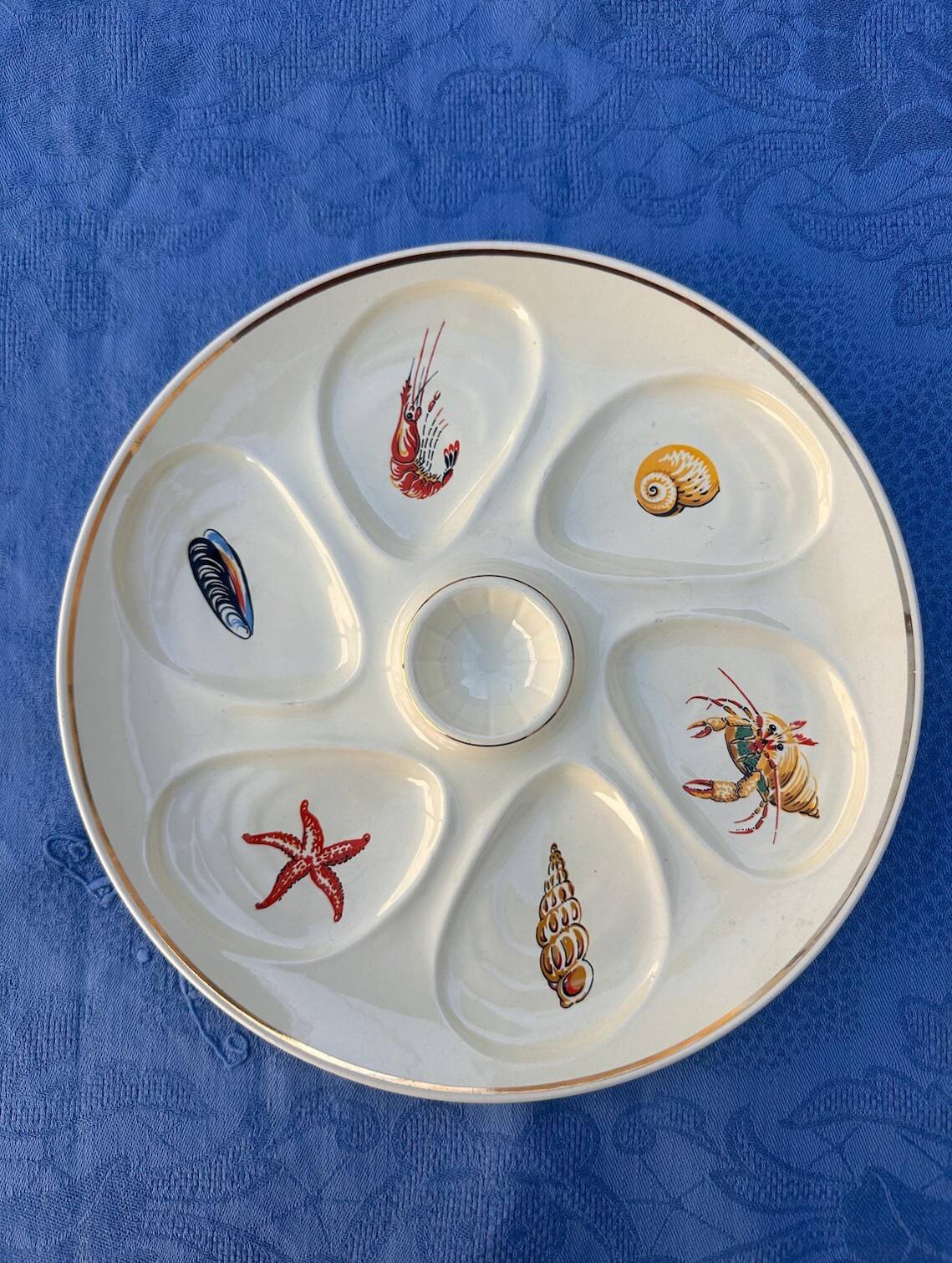 Vintage cream oyster plates Salins France seafood marine decor