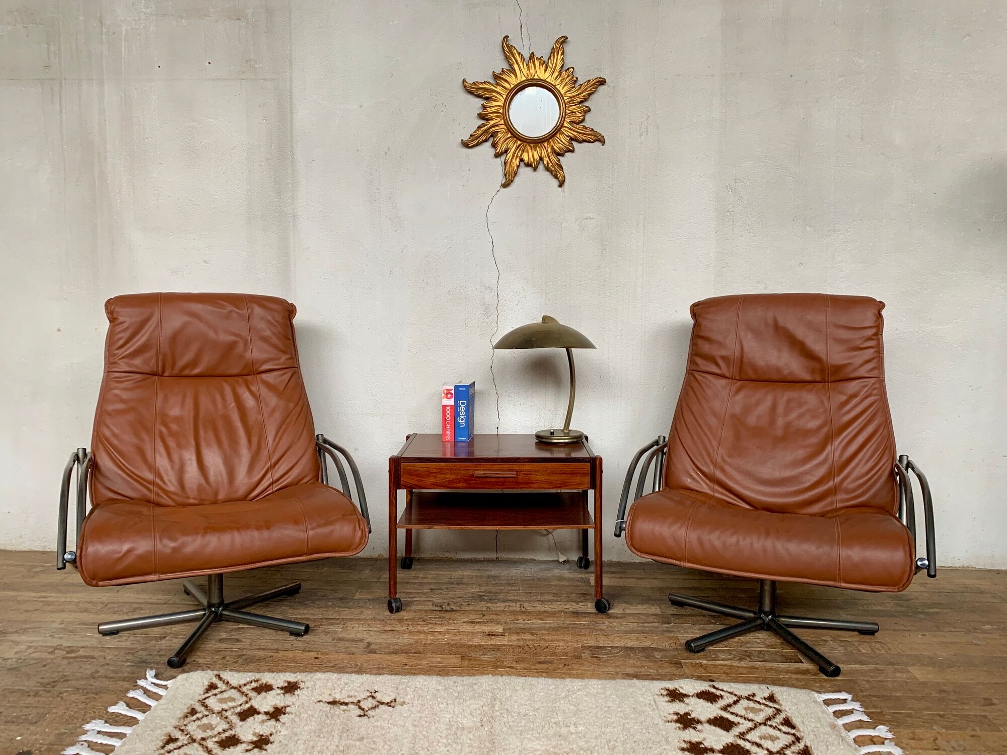 Pair of Scandinavian leather relax vintage armchairs brand Kebe