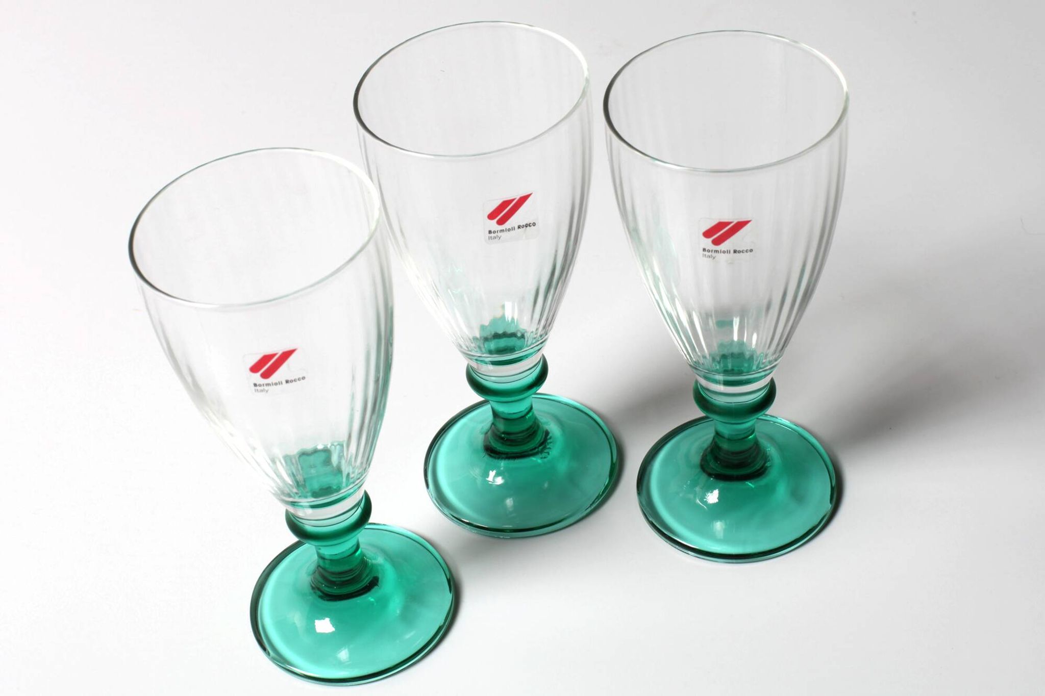 Set of 3 Vintage Bormioli Rocco Wine Glasses: Green Stem Harmonia Flutes