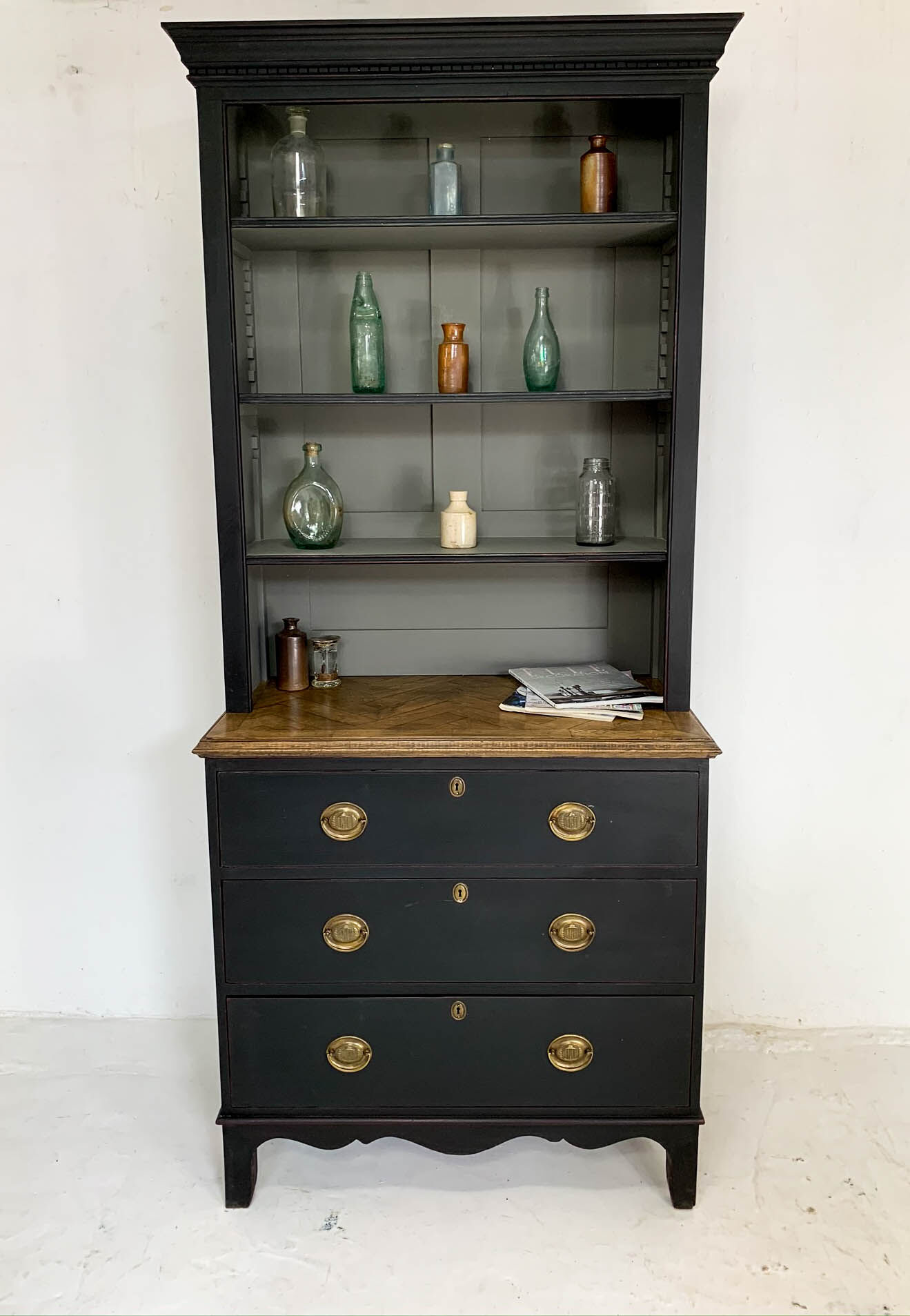 Antique black painted pine bookcase