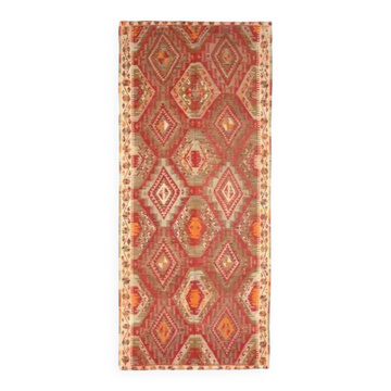 Tapis coureur vintage en laine et coton turc noué à la main rouge 146x335